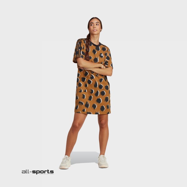 Adidas Sportswear 3 Stripes Boyfriend AOP Γυναικειο Φορεμα Καφε - Μαυρο