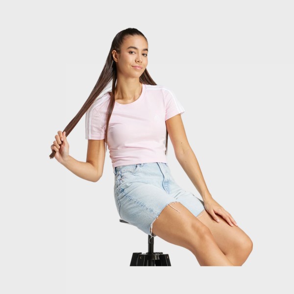 Adidas Essentials 3 Stripes Baby Slim Fit Γυναικεια Μπλουζα Ροζ
