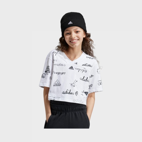 Adidas Brand Love Loose Fit Graphics Εφηβικη Crop Μπλουζα Λευκη