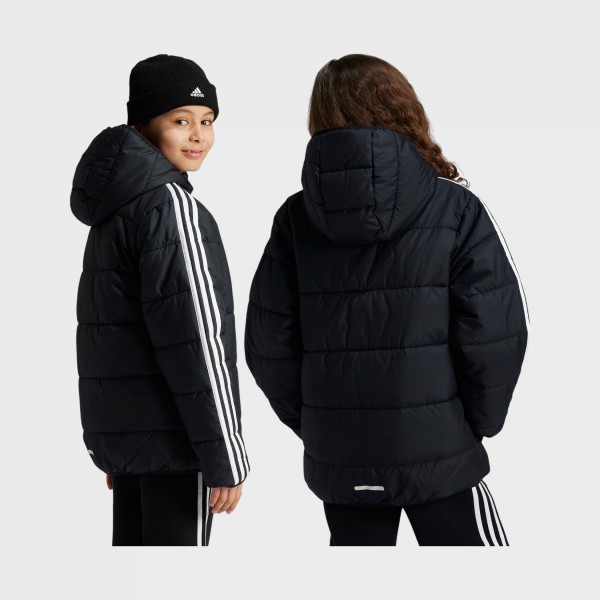 Adidas Essentials 3 Stripes Padded Lightweight Hooded Εφηβικο Μπουφαν Μαυρο