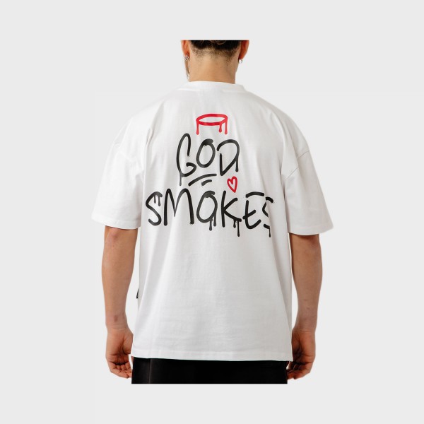 Bee Unususal God Smokes Back Graphic Oversized Ανδρικη Μπλουζα Λευκη