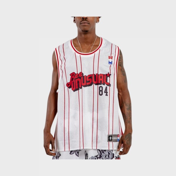 Bee Unusual 84 Retro Basketball Stripes Αμανικη Ανδρικη Μπλουζα Λευκο - Κοκκινο