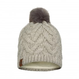 Buff Knitted And Fleece Pompom Γυναικειος Σκουφος Εκρου