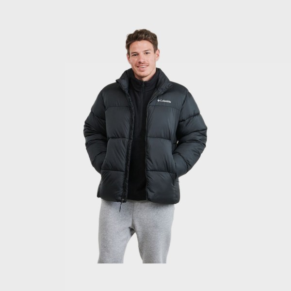 Columbia Puffect Hooded Chest Logo Ανδρικο Μπουφαν Μαυρο