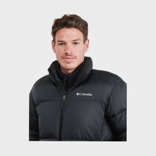 Columbia Puffect Hooded Chest Logo Ανδρικο Μπουφαν Μαυρο