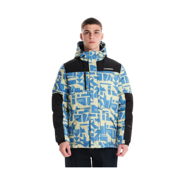 Emerson Puffer Hooded AOP Logo Ανδρικο Μπουφαν Πρασινο - Μπλε