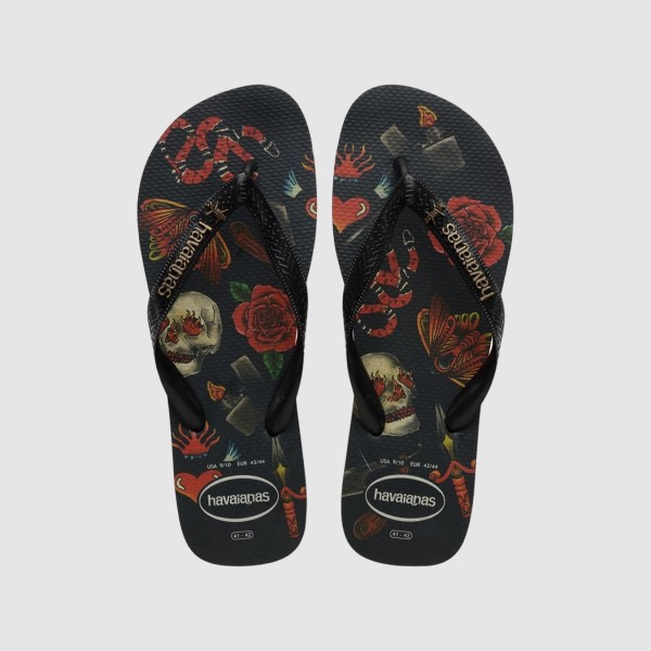 Havaianas Top Tribo Skull Roses Graphics Ανδρικες Σαγιοναρες Μαυρο - Κοκκινο