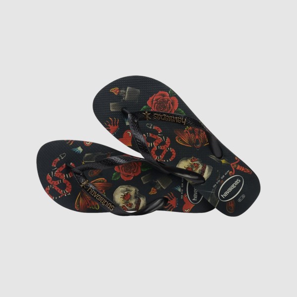 Havaianas Top Tribo Skull Roses Graphics Ανδρικες Σαγιοναρες Μαυρο - Κοκκινο