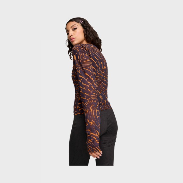 Puma Dare To Mesh Long Sleeve AOP Crop Γυναικεια Μπλουζα Μαυρο - Πορτοκαλι