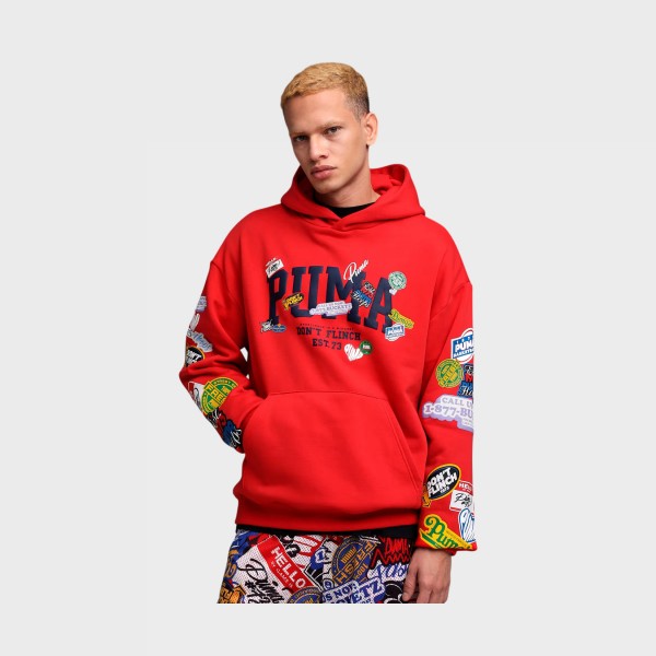 Puma Hooper Hotline Pullover Hooded Prints Ανδρικη Φουτερ Κοκκινη