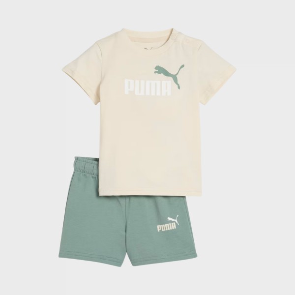 Puma Minicats Essentials Logo Βρεφικο Σετ Μπλουζα Βερμουδα Μπεζ - Βεραμαν 