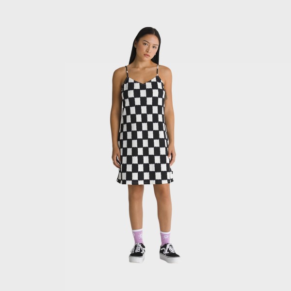 Vans Benton Checker Cami Crinkle Knit Γυναικειο Φορεμα Λευκο - Μαυρο