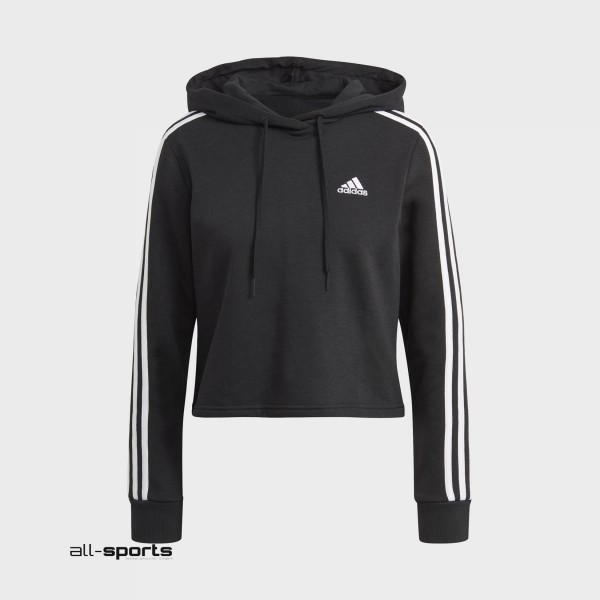 Adidas Essentials 3-Stripes Cropped Hoodie Μαυρο